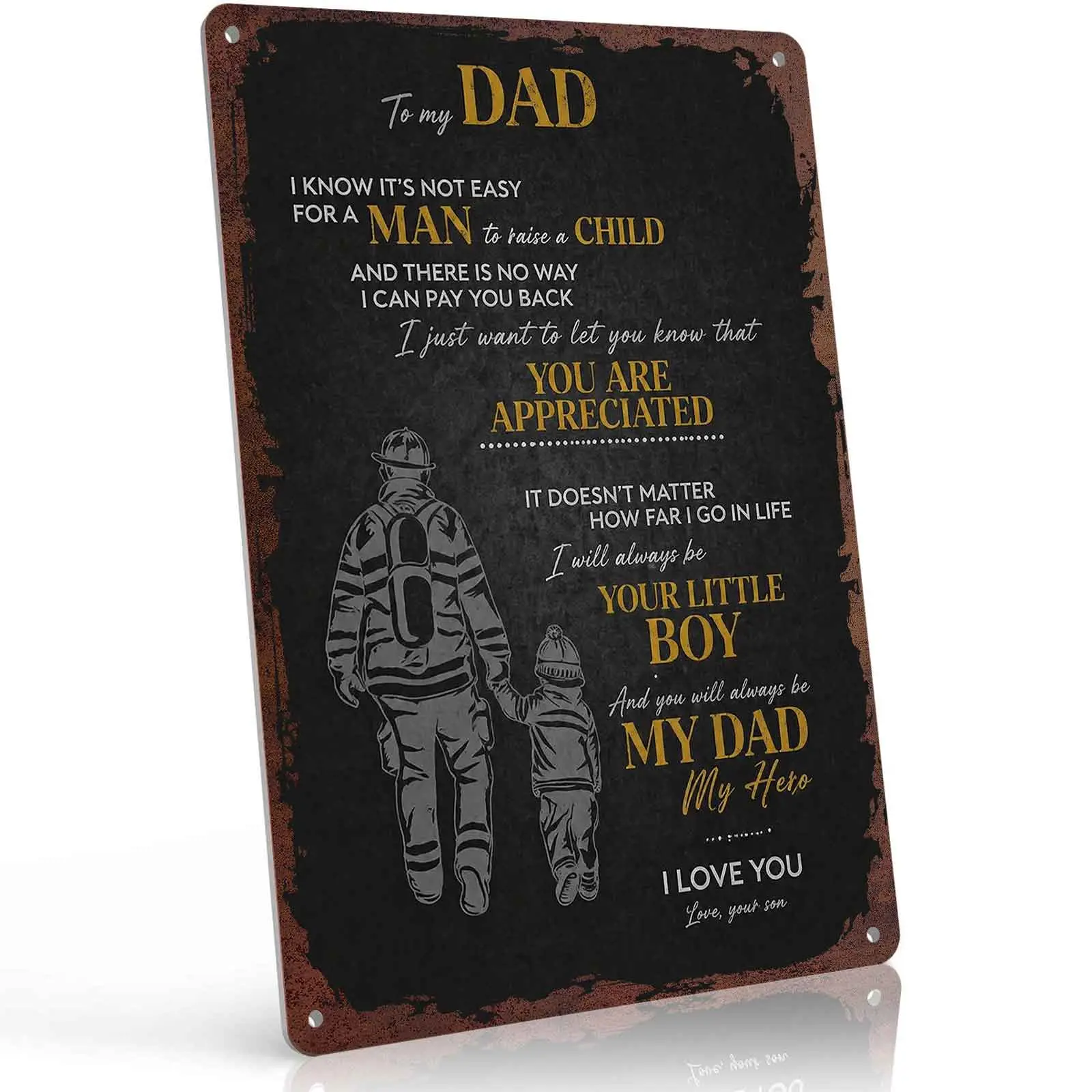 To My Dad I Know It's Not Easy Aluminum Metal Sign 8x12 Inch, Heartfelt Firefighter Themed Wall Decor for Father's Day, Meaningful Man Cave Plaque