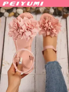 Sweet Fairy Style Large Flower Lotus Decoration Sandals for Women, Elastic Back Strap Flat Slip-On Summer Outdoor Vacation Shoes, Classy Sandals