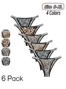 Sexy Leopard Print Women's Silver Color Waistband Bikini Briefs, Elegant Fashion Plus Size Elastic Underwear, Seamless Low Waist, Drop Waist Bikini, Triangle Bikini Bottoms, 6 Pack