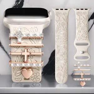Decorative Floral Charm Band for Apple Watch 38 40 41 42mm – Soft Silicone Dressy Strap with Wildflower Engraving & Pendant for iWatch Series 1–11 SE