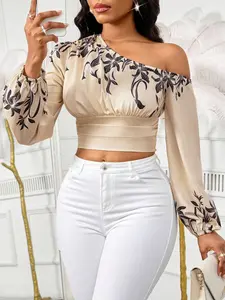 Women's Fashion Asymmetrical Shoulder Lantern Sleeve Elastic Cuff Waist Cinched Top Blouse, Floral Print Casual Commuter Wear Spring & Fall