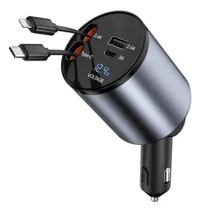 Retractable Car Charger, USB C 4 in 1 Fast Car Phone Charger [Max80W] with Retractable Lightning Cables and 2 Charging Ports,Compatible with iPhone 15/14/13/12 Pro Max XR/iPad/Pixel,Samsung Galaxy S23/S22/S10