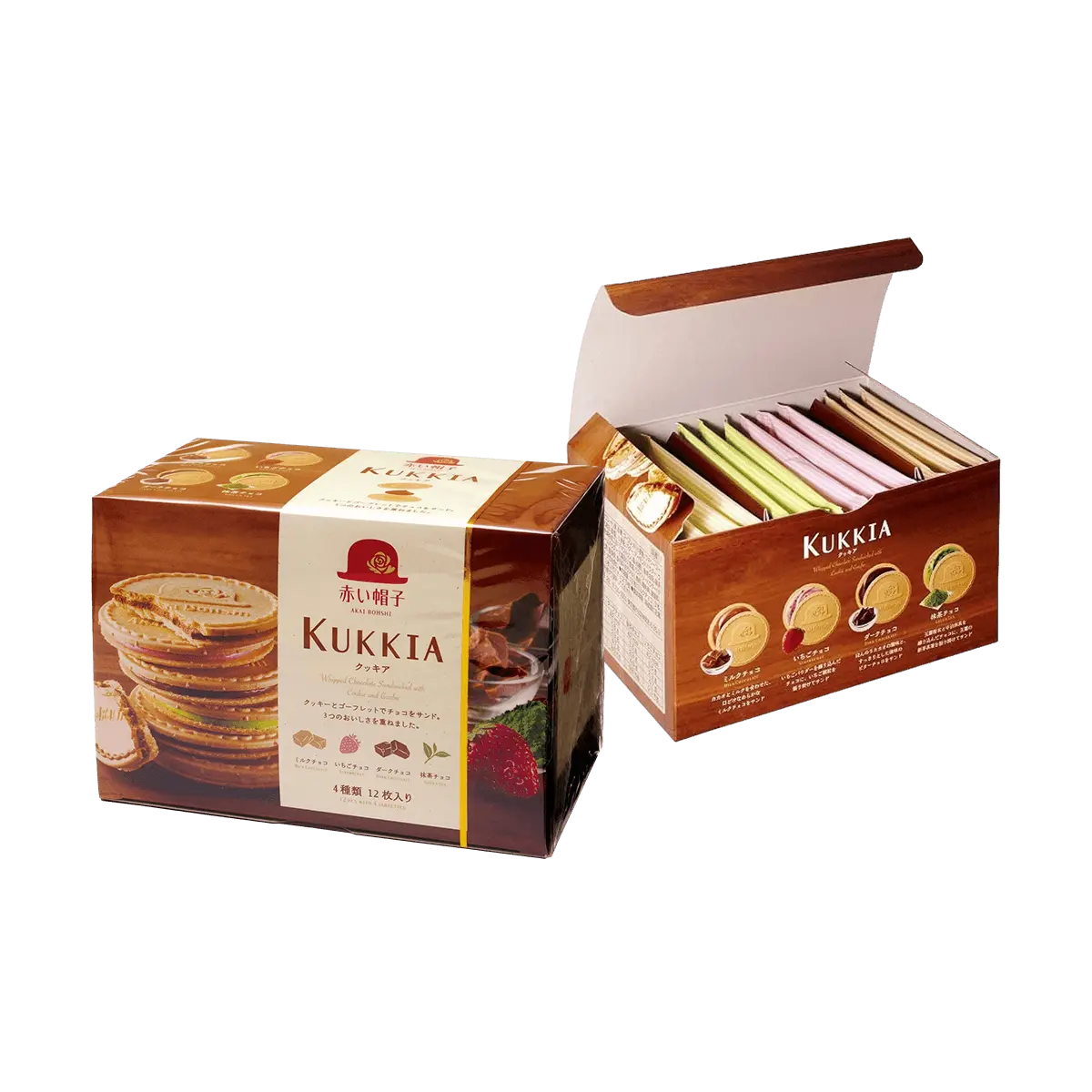 AKAIBOHSHI KUKKIA French Chocolate Cream Filled Cookies 12 Count 3 Milk Chocolate 3 Dark Chocolate 3 Strawberry Chocolate 3 Matcha Chocolate