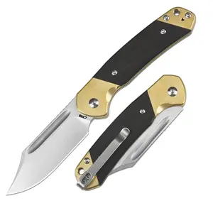 CJRB Bowie Pyrite J1942SJ AR-RPM9 Blade Brass and Wood Handle Folding Knife for Men, Camping Survival Hiking and Everyday Carry