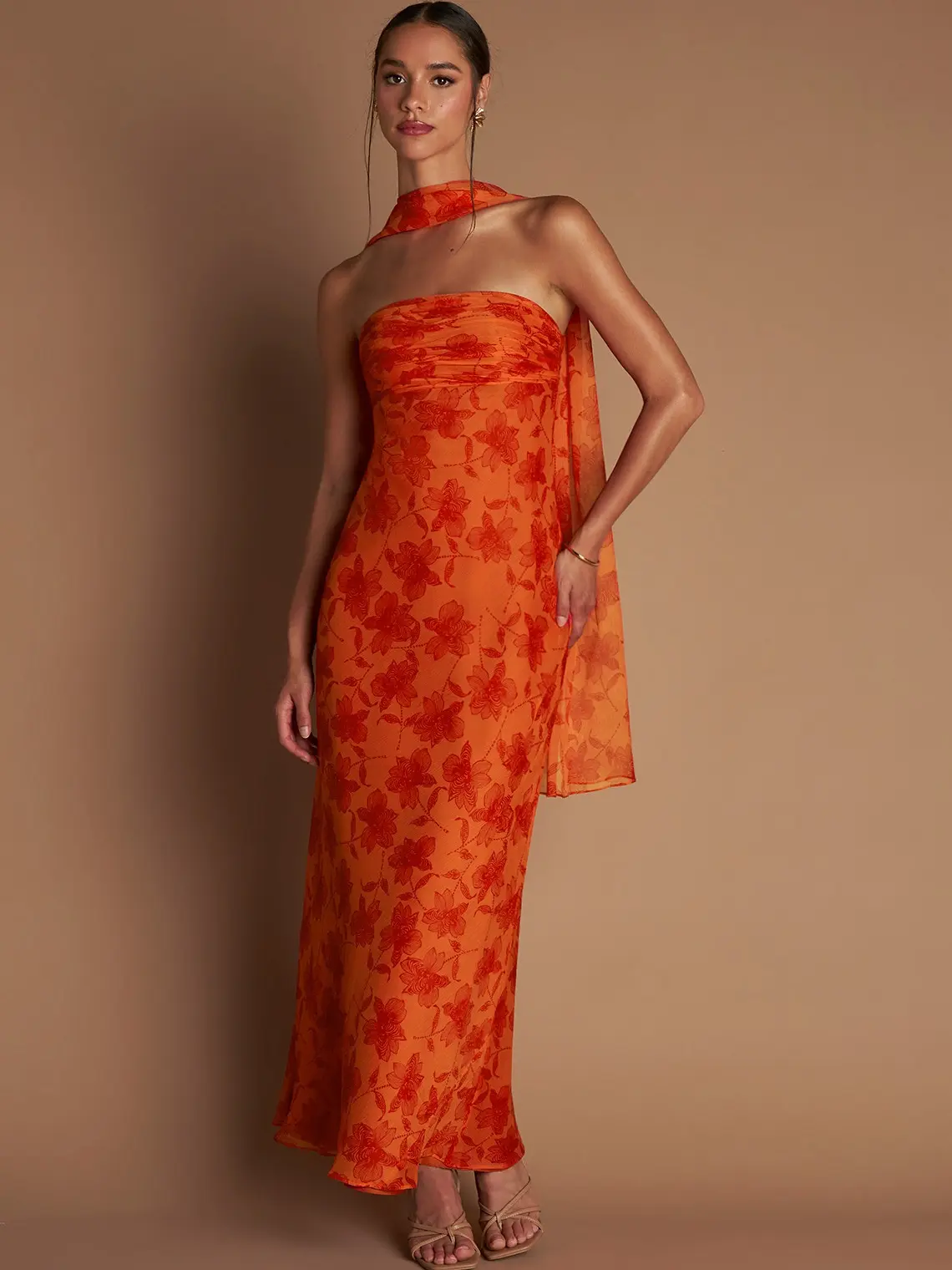 Azazie Aisha Tangerine Maxi Dress Straight Pleated Neckline Removable Scarf Convertible Straps Cocktail Party Summer Wedding Chiffon