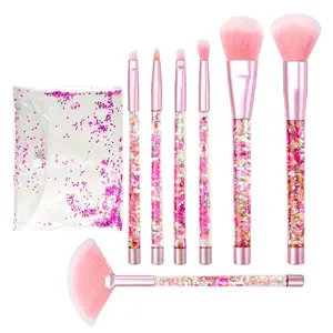 Makeup Brushes Set for Girls, Pink Liquid Flows 7count Foundation Fan Powder Blush Lip Eye Shadow Eyebrow Eye Blender Brush Set for Girls Teen as Gift Present