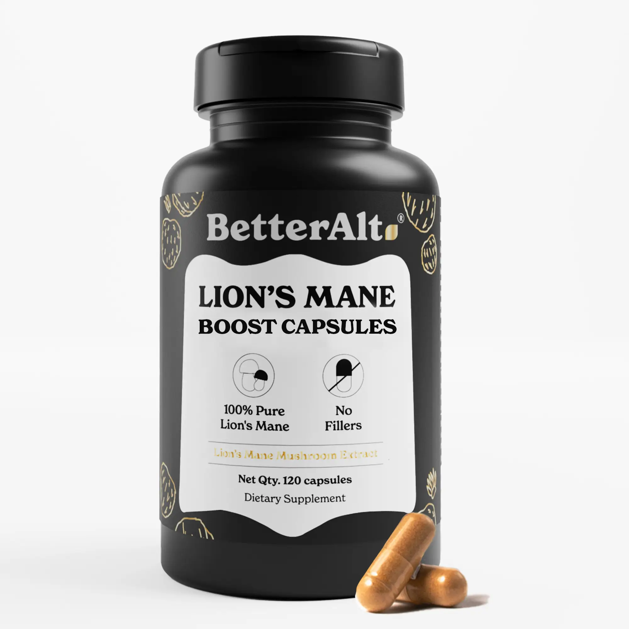 BetterAlt 1000mg Lions Mane Mushroom Capsules | Nootropic Brain Booster | 15:1 Extract for Overall Health and Fitness | 30% Polysaccharides | 120N