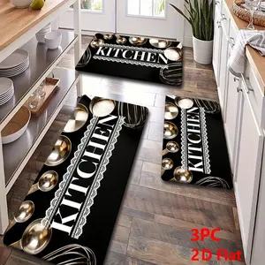 2/3pcs Bottom Soft Flannel Kitchen Mat Set, European Baking Tools Lace Border, Non-Slip Absorbent Floor Mat Home Decor,Black