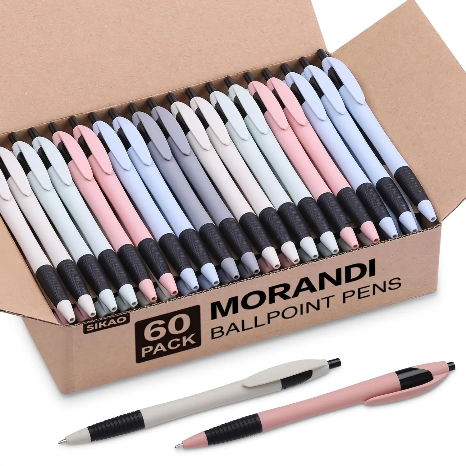 Sikao Pens Bulk, 60Pack Morandi Gripped Slimster Bulk Pens Ballpoint Smooth Writing Pens No Smear, Retractable Pens Black Ink 1.0mm, Wholesale Click Pens, Server Pens, School Office Supplies