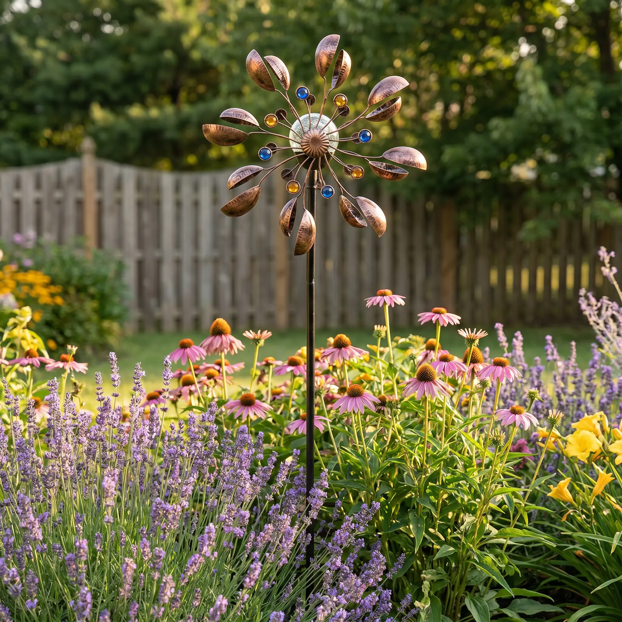 Vintage Copper Metal Solar-Powered Wind Spinner, Kinetic Wind Turbine with 360° Dual Rotation, Cracked Glass Color-Changing Light, Waterproof Solar-Powered Waterproof Garden Sculptures & Statues for Outdoor Gardens, Windmill Decoration Garden Sculptures &