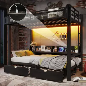 Black Twin Over Twin Metal+MDF Bunk Bed - 6 Inches, LED Light, USB Ports, Storage Shelves, Drawers, Convertible Lower Sofa Bed, Silent Multiple Organizer for Kids' Small Indoor Studio Spaces