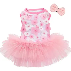 Dog Dress, Fashion Puppy Tutu Princess Dresses for Small Dogs Girl, Sweet Skirt with Dog Bowknot Clips, Spring Dog Cat Clothes Pet Apparel (Pink Floral Dress, XXX-Small)