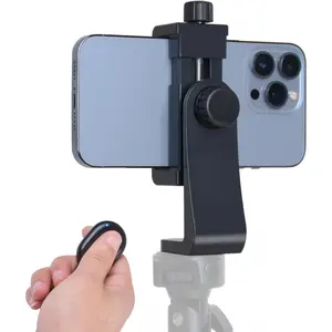 Phone Tripod Mount Adapter with Camera Remote Controller, Cell Phone Holder Clip with Adjustable Clamp Compatible with iPhone, Samsung, HTC, Huawei etc., Include Wrist Strap