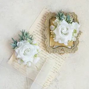 White Rose Wrist Corsage & Boutonniere Set - Soft White Prom Corsage, Boho Wedding Flower Girl Wristlet, Homecoming Corsage, Groom Boutonniere, Bridesmaid Corsage Gift with Customizable Sheer Ribbon Colors and Silk Flowers