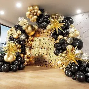Black Gold Confetti Balloon Garland Arch Kit  with Starburst Foil Balloons for Kids Birthday Anniversary Graduation New Year Party Decor Decoration