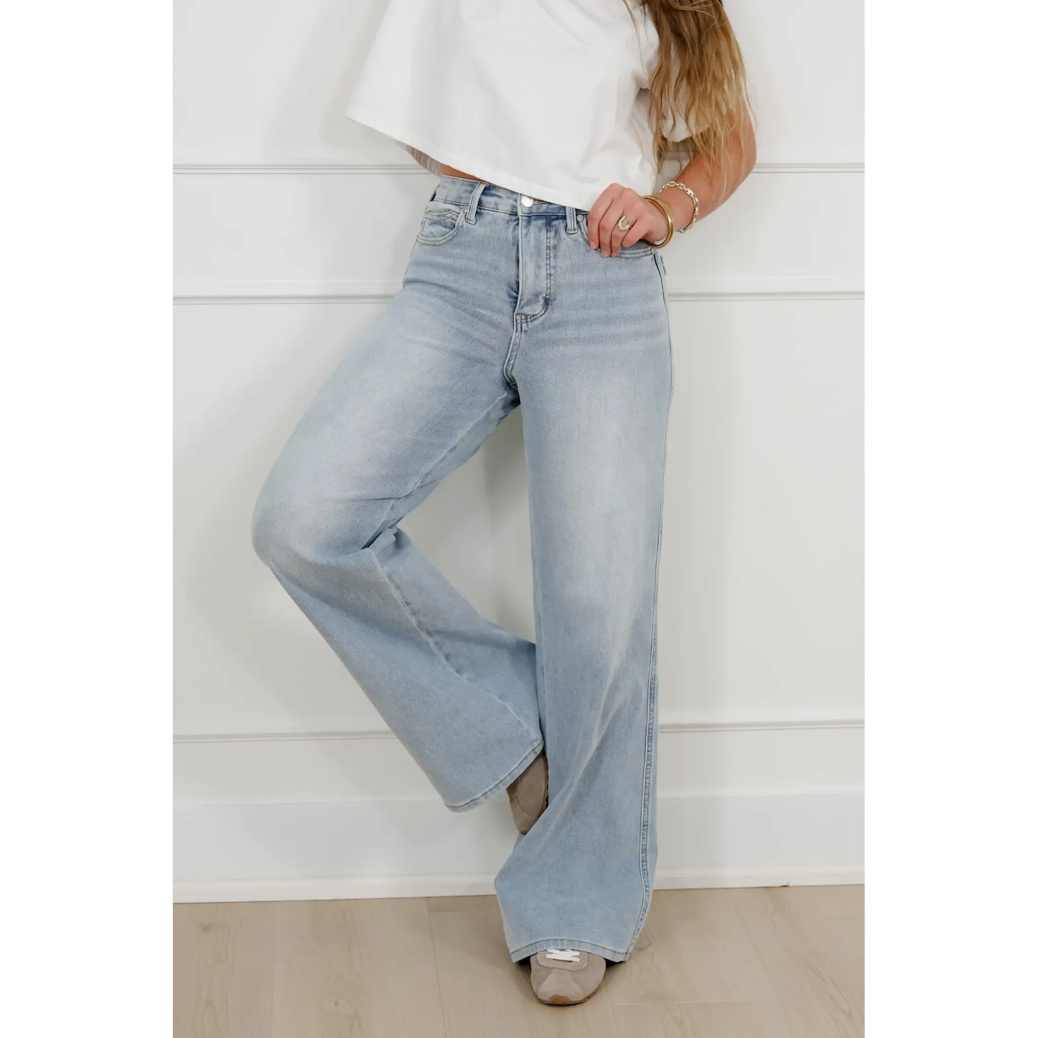 Judy Blue Secret Sauce 2.0 High Rise Light Wash Petite/Reg Tummy Control Retro Wide Leg Jeans