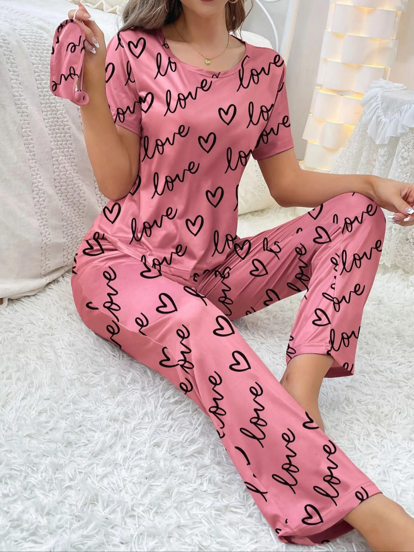 Two-Piece Set Women's Heart Print Tee & Pj Pants Pajama, Valentine's Day Summer Clothes Women, Summer Wear, Crew Neck Shortsleeve T-shirt & Trousers P
