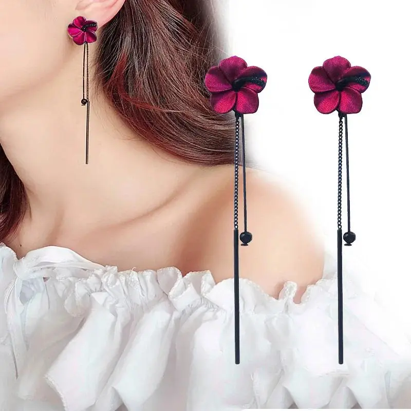 Retro Wine Red Flower Cluster Drop Earrings, Korean Style Long Tassel Copper Pendant, 90s Fashion Jewelry for Women, Flower Cluster Earrings, Long Pendant, 80S/90S Retro Earrings