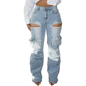 Women’s Rhinestone Cargo Jeans – High-Waisted, Baggy, Sexy, Sparkly, Cut-Out, Ripped, Distressed Stretch Denim Pants