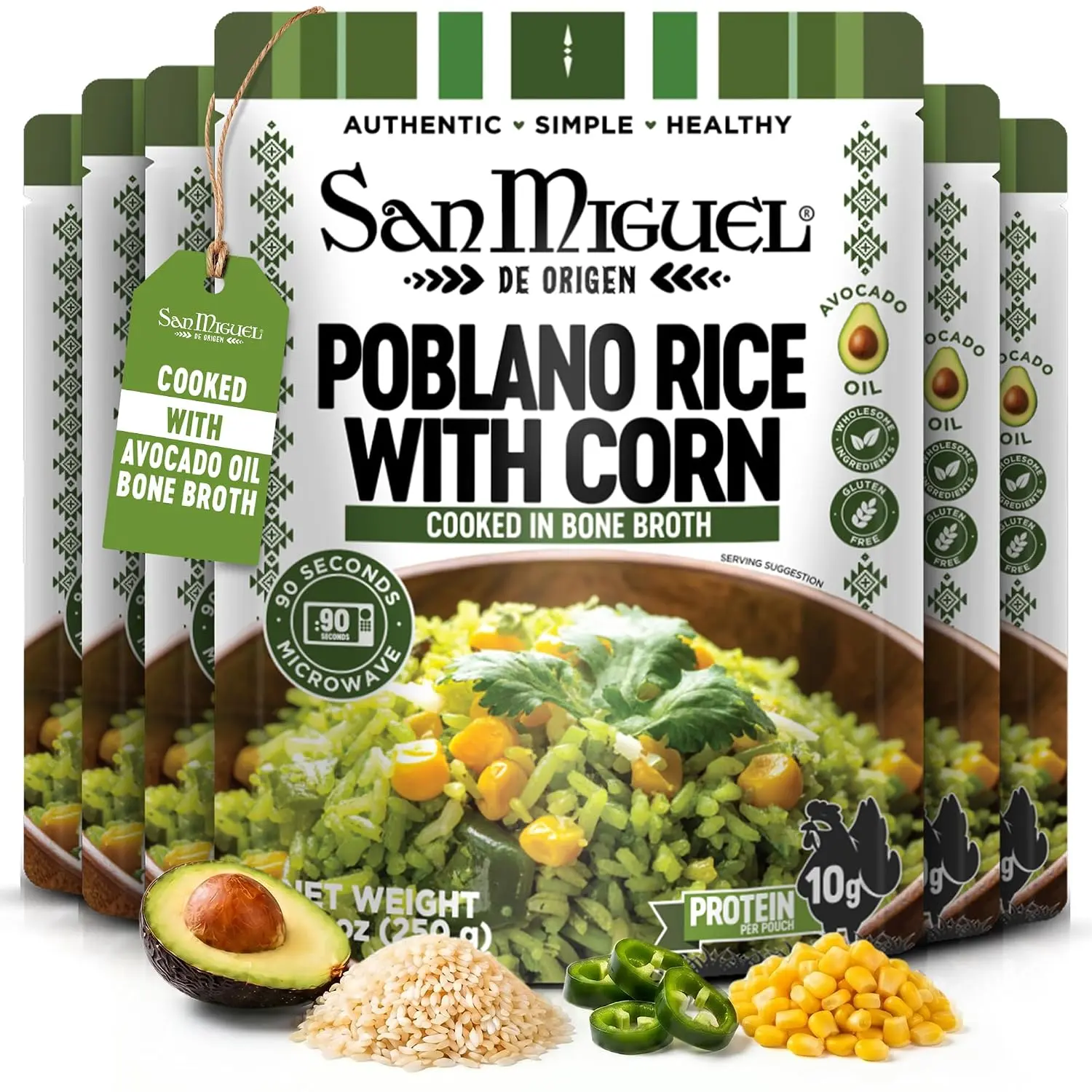 San Miguel Microwave Instant Poblano Flavor Mexican Rice with Corn, Garlic, Onion, Salt & Spices - 10g Protein, Cooked in Bone Broth-Avocado Oil - 8.8oz Gluten-Free Ambient Ready-to-Eat Microwave Pouch (6-Pack) for Quick Lunches