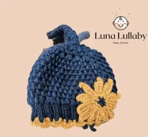 Navy Blue Hat with Mustard Flower – Handmade Knit