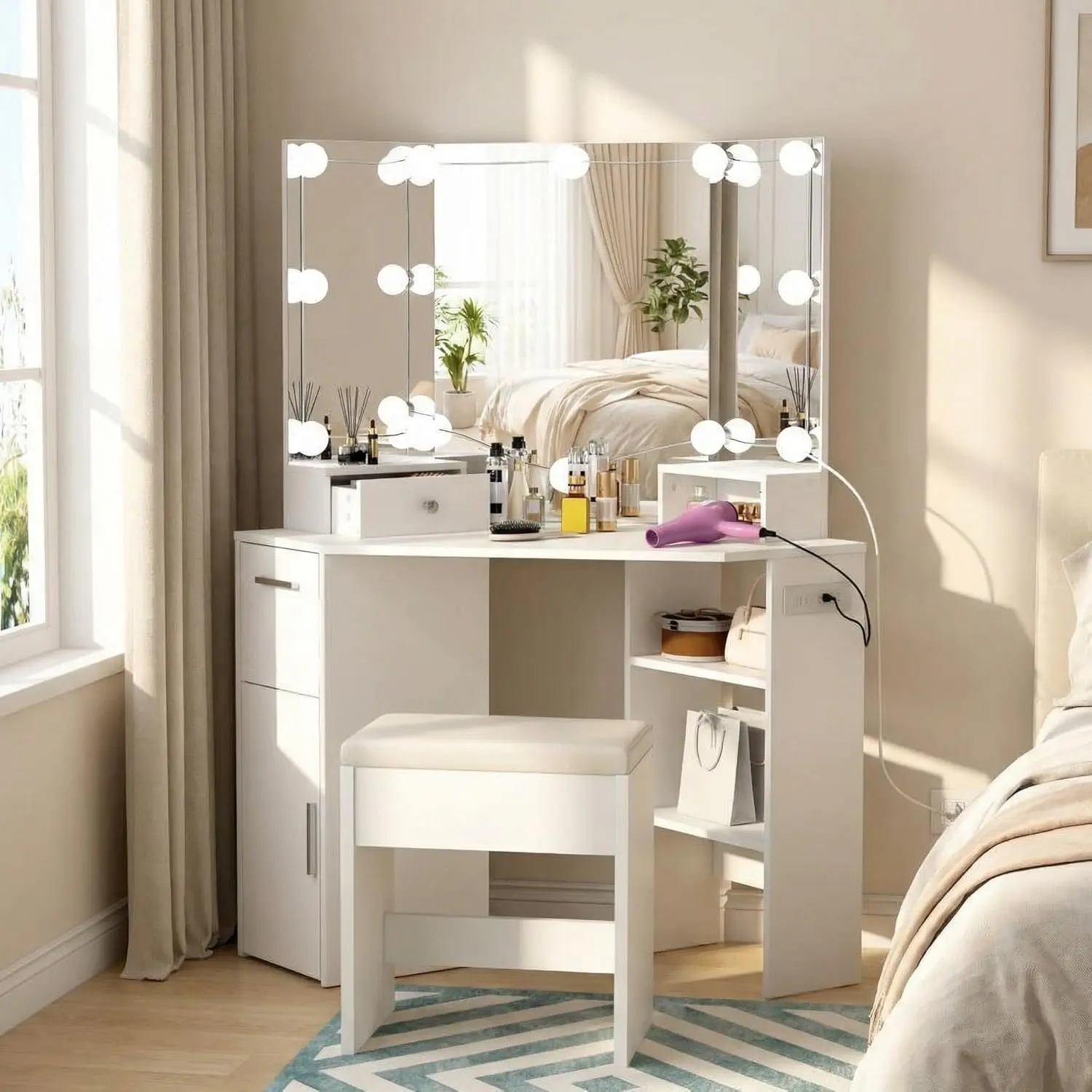 Vanity Desk with Mirror and Lights, Corner Makeup Vanity Set with 3-Panel Mirror, Power Outlets & Cushioned Stool, 3 Color Modes, Small Corner Dressing Table