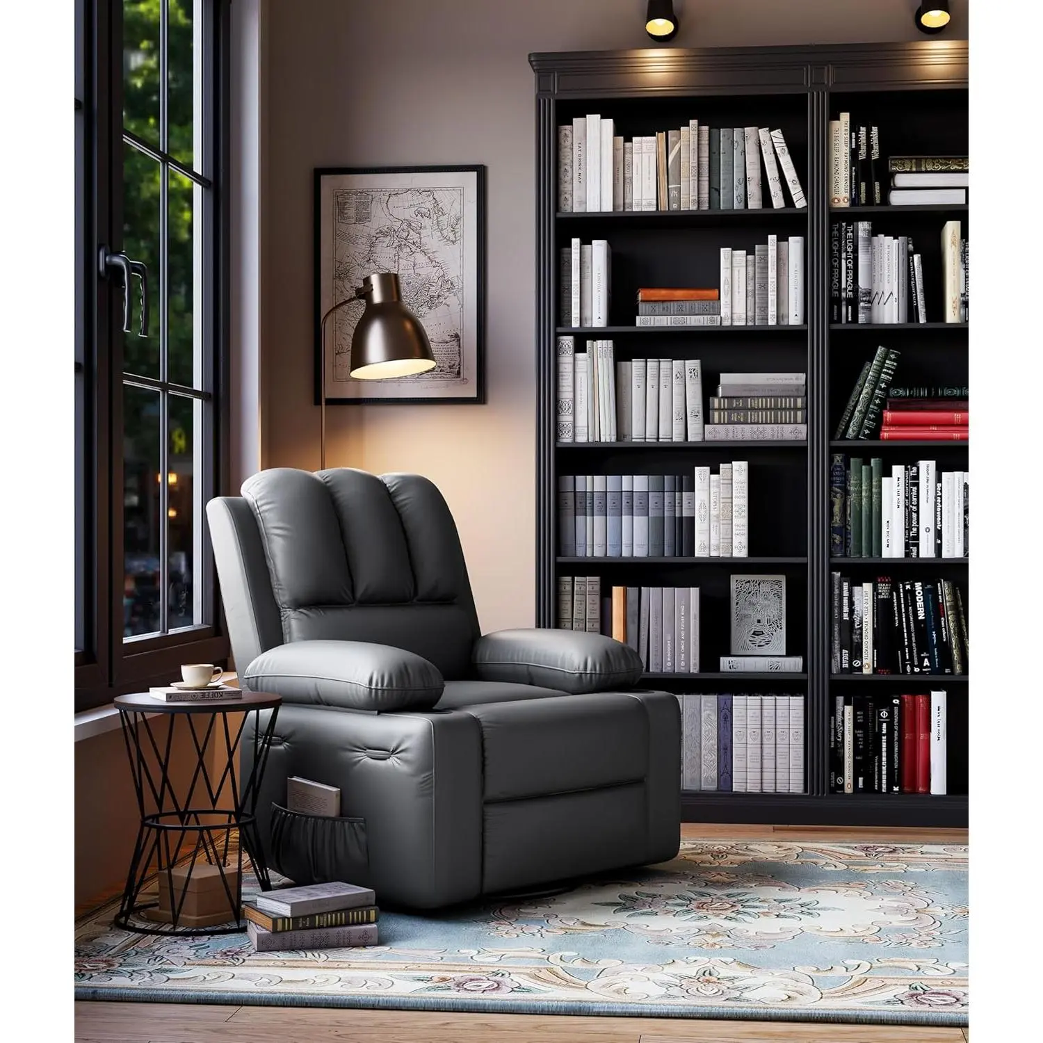 Extra Wide 27" Leather Rocking Recliner, Oversized Manual Recliner Chair with Cup Holders & Padded Arms, Large Gray Reclining Chair for Living Room, Rocking Chair, Oversized Rocking Chair, Wide Seat