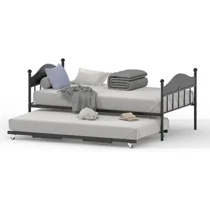 【Christmas Gift】Daybed with Trundle Metal Twin Size Day Bed with Stylish Headboard Sofa BedFrame with Pop Up Foldable Trundle Bed Heavy Duty Steel Slats Platform for Living Room Bedroom and Guest Room Black