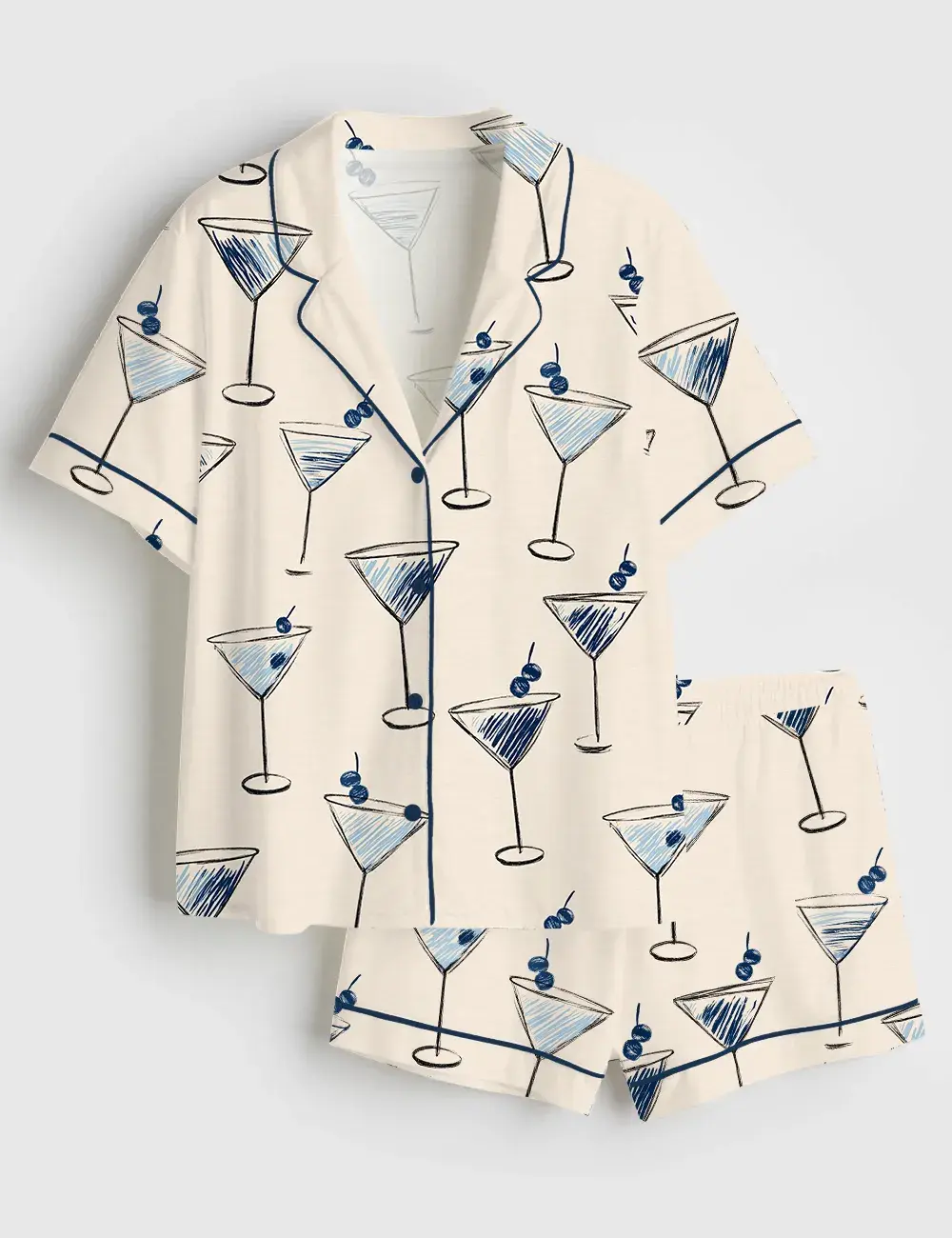 Blue Martini Cocktail Bar Art Short and Long Sleeve Pajama Set, Sleepwear for Women
