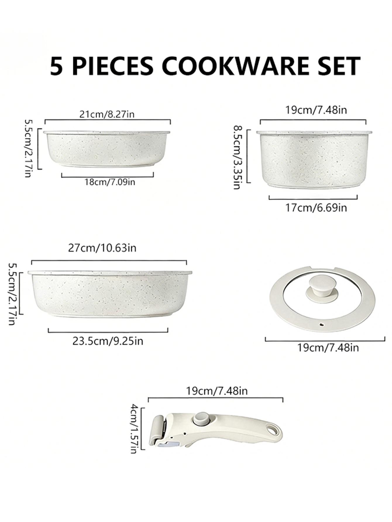 5-piece White non-stick ceramic cooking set, set of pots and pans, with detachable handles, ideal for daily cooking, RV camping and compact kitchens Cookware