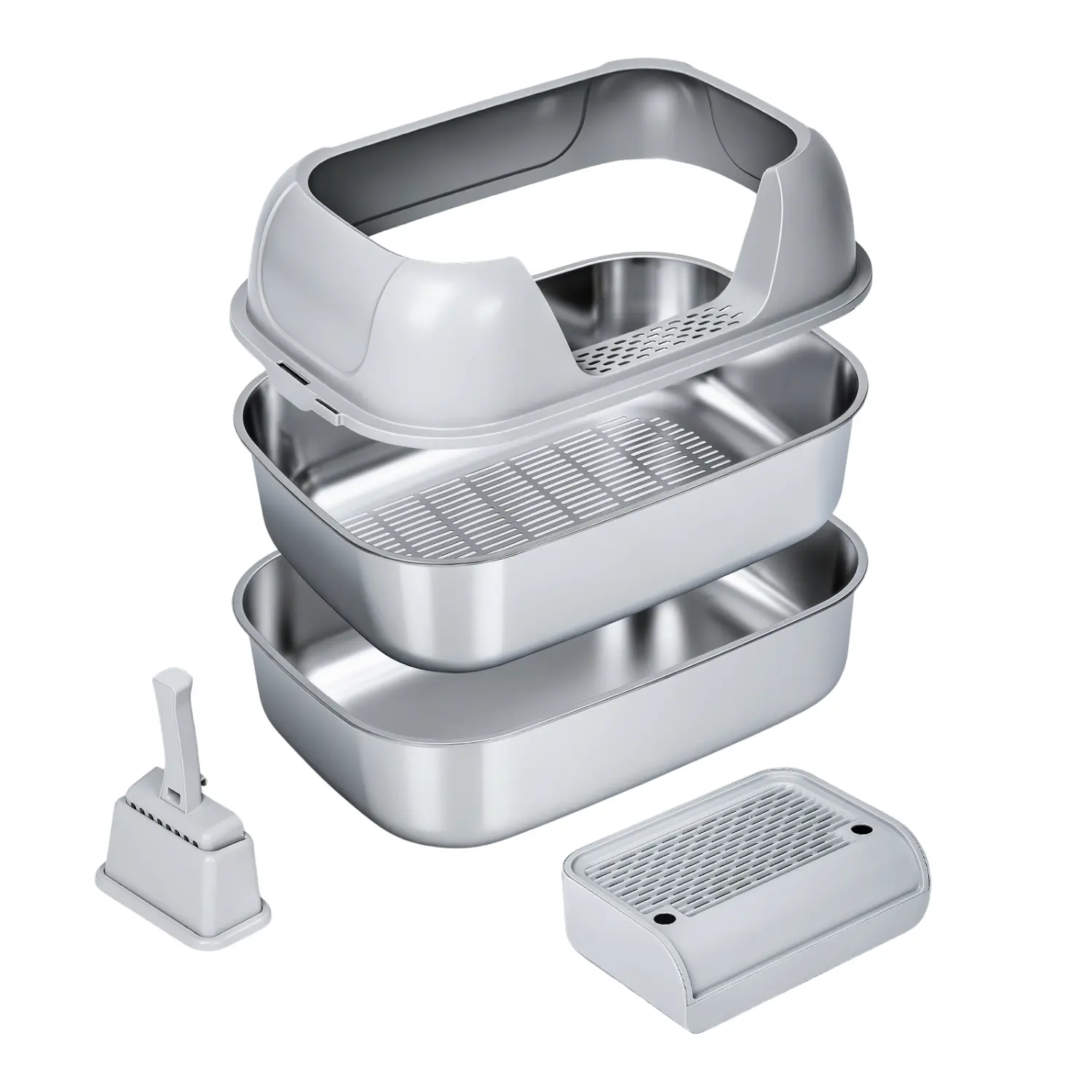 XL Stainless Steel Sifting Litter Box with High Sides for Regular Litter, Scoop Free, Easy-to-Use, Non-Stick, Large Metal Cat Litter Box, Easy Clean Sifting System for Multi-Cat Self-Cleaning, Tray Alternative Durable Odor Control, automatic litter box