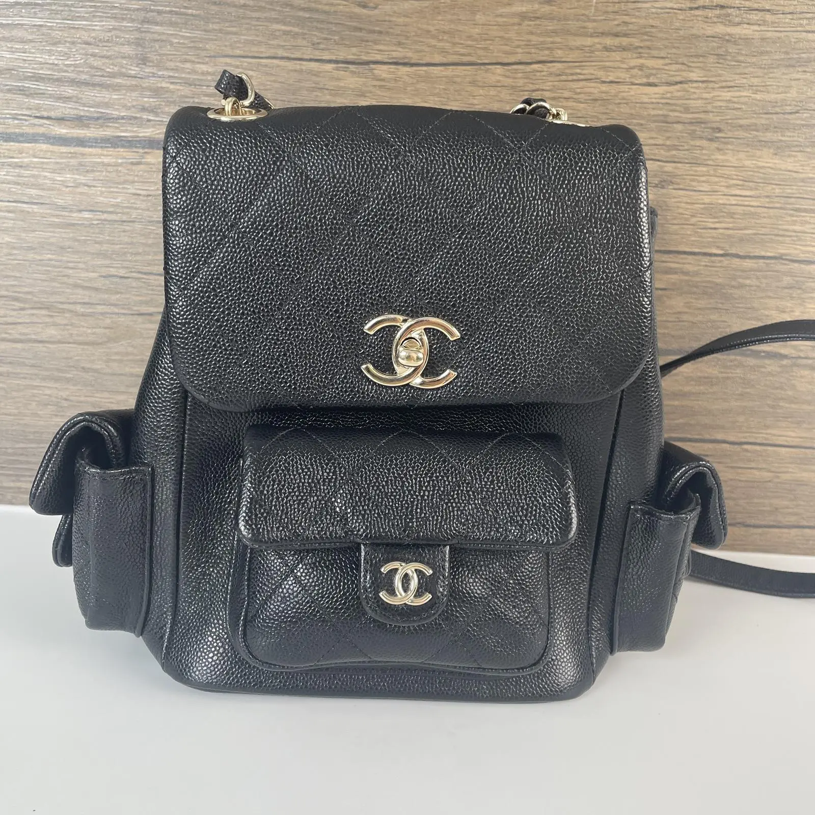 Pre-owned CHANEL caviar leather Backpacks Black Caviar Multi Pocket "Cargo" Duma Backpack++Bag charm++
