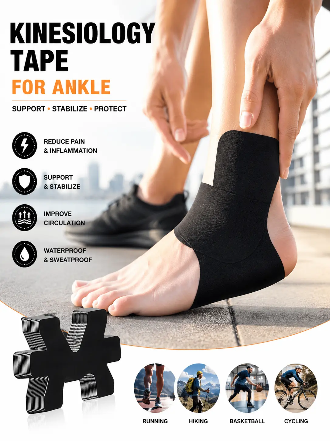 10 PCS Precut Kinesiology Tape for Ankle, Breathable Cotton Elastic Athletic Support Tape, Pain Relief & Ankle Stability, Helps Reduce Sprains, Muscle and Ligament Support for Running, Sports & Marathon latex-free tape hypoallergenic easy tear