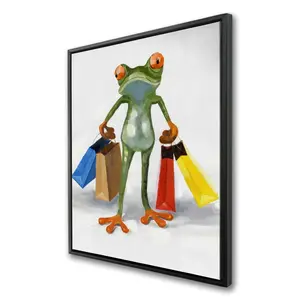 360 Stand Red Framed Wall Artwork - 36x48 in. Artistic Funny Frog Photo with Shopping Bags, Reptile Design, Wall Decoration, Home Decor Gift for Room Display