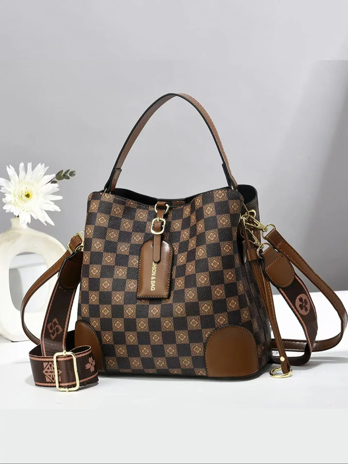 Fashion Vintage PU Handbag for Women, Stylish Shoulder Crossbody Bag, Casual Messenger Bag, Versatile Design for Daily Use, Trendy Boston Bag, Geometric Pattern Bag
