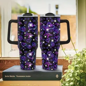 Neon Heart Love 40oz Tumbler With Handle and Straw, Romantic Valentine Stainless Steel Travel Cup, Couple Aesthetic Drinkware Gift