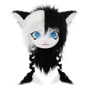 KIRA GOODS Kigurumi Fursuit Head, 19.68*23.62in Finished Wearable Plush Fursuit, Cute Braid Cat Ears Furry Cosplay Prop