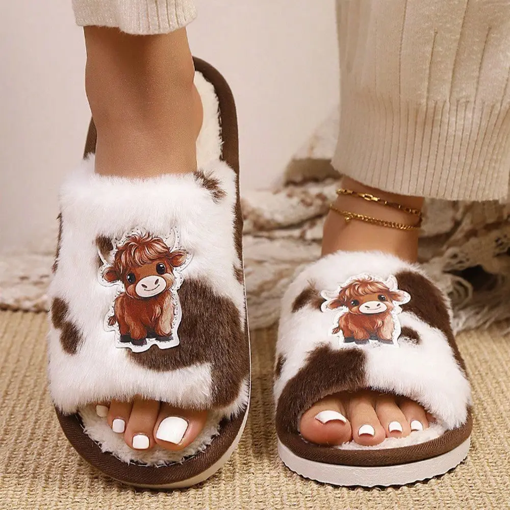 Women's Cute Cow Print Slippers, Textile Upper, Eva Sole, Minimalist Style, Cartoon Pattern, Indoor Home Wear, Anti-Slip Flat Shoes