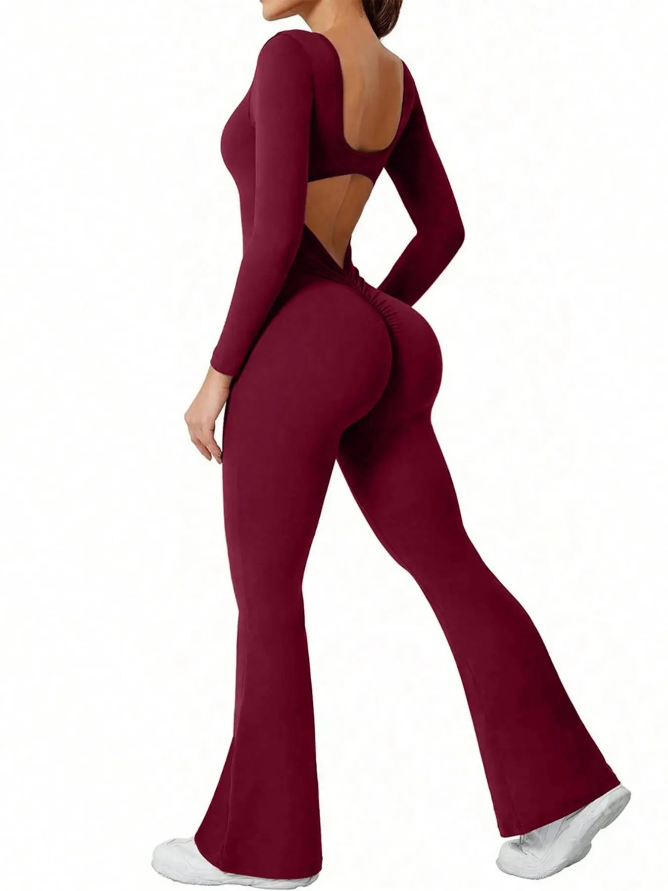 Women's Solid Square Neck Long Sleeve Flare Jumpsuit, Sporty Jumpsuit, Casual Comfy High Stretch Seamless Jumpsuit for Yoga Gym Workout, Ladies Sportswear for All Seasons, Stretchable Activewear, Workout Jumpsuits