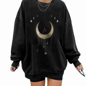 Moon Phases Sweatshirt Gold Crescent Moon Graphic Shirt Witchy Celestial Aesthetic Jumper, Trendy Gold Moon Phase Black Sweatshirt