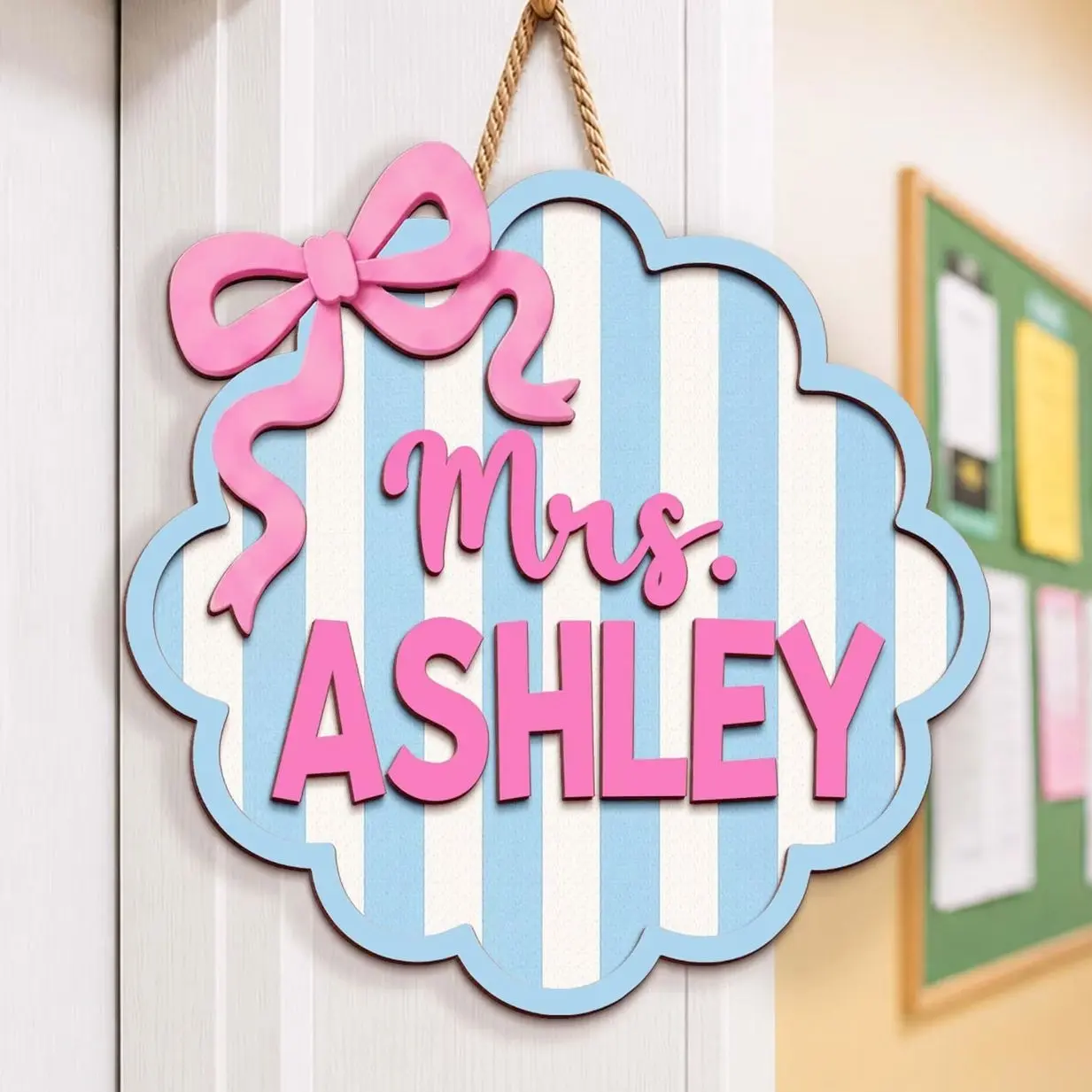Scalloped Striped Wooden Name Plaque, Personalized Teacher Door Sign, Custom Classroom Decor, Back to School Teacher Gift