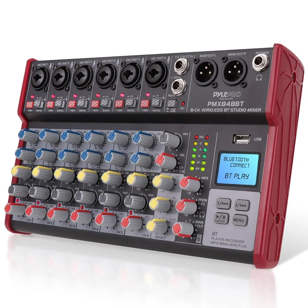 8-Channel Wireless DJ Mixer Audio Controller - Bluetooth Streaming, USB Connection, +48V Phantom Power, Stereo Audios, LCD Display, Keyboard Compatibility, Smartphone Adapter for Guitar & Lights Setup, User-Friendly Receiver, Headphone Jack, Led Light, Ye