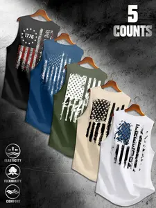 Men's Wide Shoulder Vest Tank Top Set of 5, Usa Flag Print Design, Summer Sleeveless T-Shirt, Comfortable Fashion Top for Daily Wear