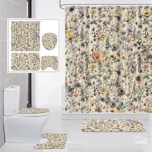 Farmhouse Floral Rustic Boho Wildflower 4 Pcs Shower Curtain Set with Hooks, Spring Country Botanical Bathroom Decor Mats