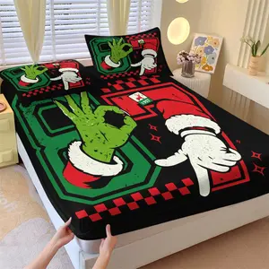 3-Piece Christmas Series Bedding Set, Christmas Gift, Number "6" "7" and Arm Pattern Printed Fitted Sheet Set, Suitable for Christmas Bedroom Decoration, Soft, Comfortable, Breathable and Skin Friendly, Including 1 Fitted Sheet and 2 Pillowcases