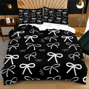 Black and white pearl bow print bedding set,  cover and pillowcase combination, cool and luxurious bedroom decor.