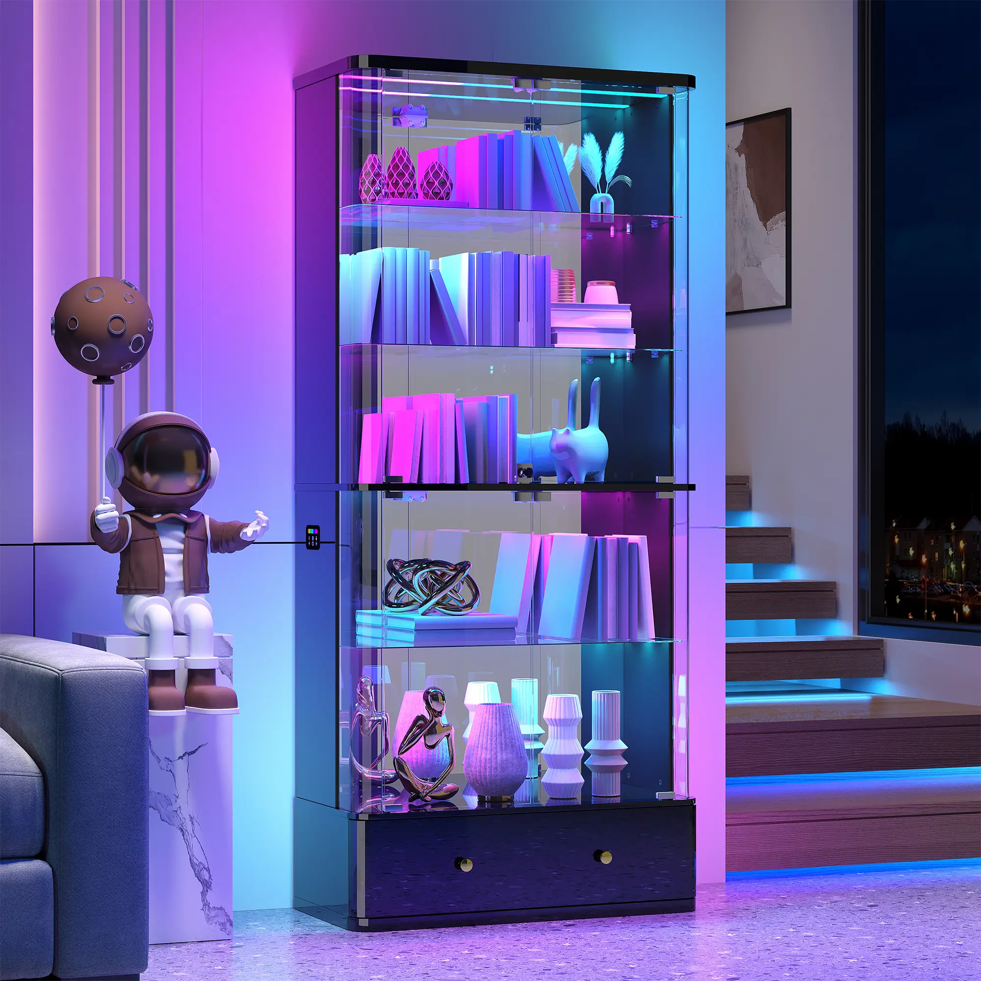 Dystler Modern Rectangular RGB LED Glass Display Cabinet - 71in Standing Lockable Curio Cabinet with Storage Drawer, Assembly Required, Premium Collectibles Case, Gaming Room & Man Cave Furniture