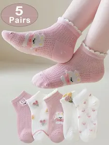 5 Pairs Kids Socks, Low Top Breathable Girl Short Socks, Summer Mesh Ankle Socks, Breathable Comfy Socks, Soft Comfortable, Cute Bunny Flower Heart Trim, Daily Wear, Socks Set