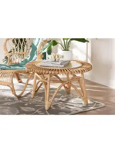 212 MAIN Elani Modern Bohemian Handcrafted Fully Assembled Natural Rattan Coffee Table, 17.8x31x31", Natural & Light Brown, Openwork Curved Pole Legs, Outdoor & Indoor Home Furniture Decor, Openwork Legs