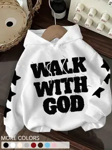 1 Piece Unisex Vintage Christian Hoodie, White Cotton Sweatshirt with “WALK WITH GOD” Print and Star Sleeves, for Youth Group, Church Events and Casual Streetwear
